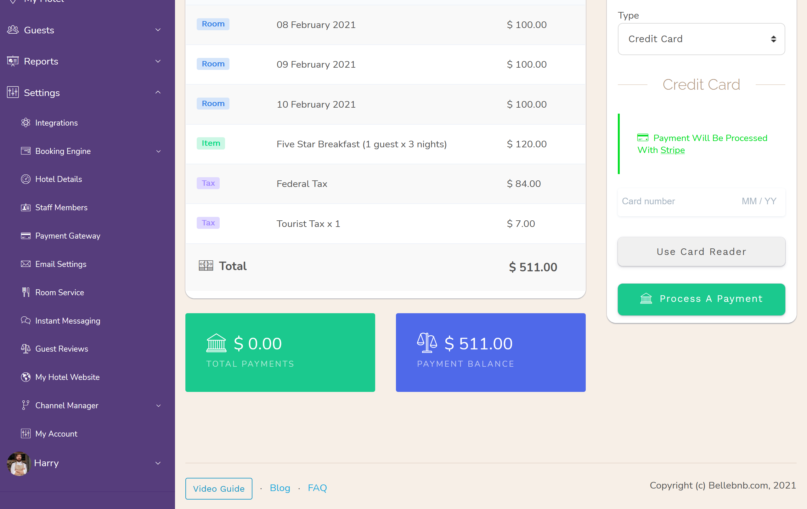 PMS de hotel con el Hotel Pasarela de Pagos procesar los pagos en vivo a través del navegador o mediante una tarjeta de swiper. Sus datos de pago se almacenan de forma segura con su procesador