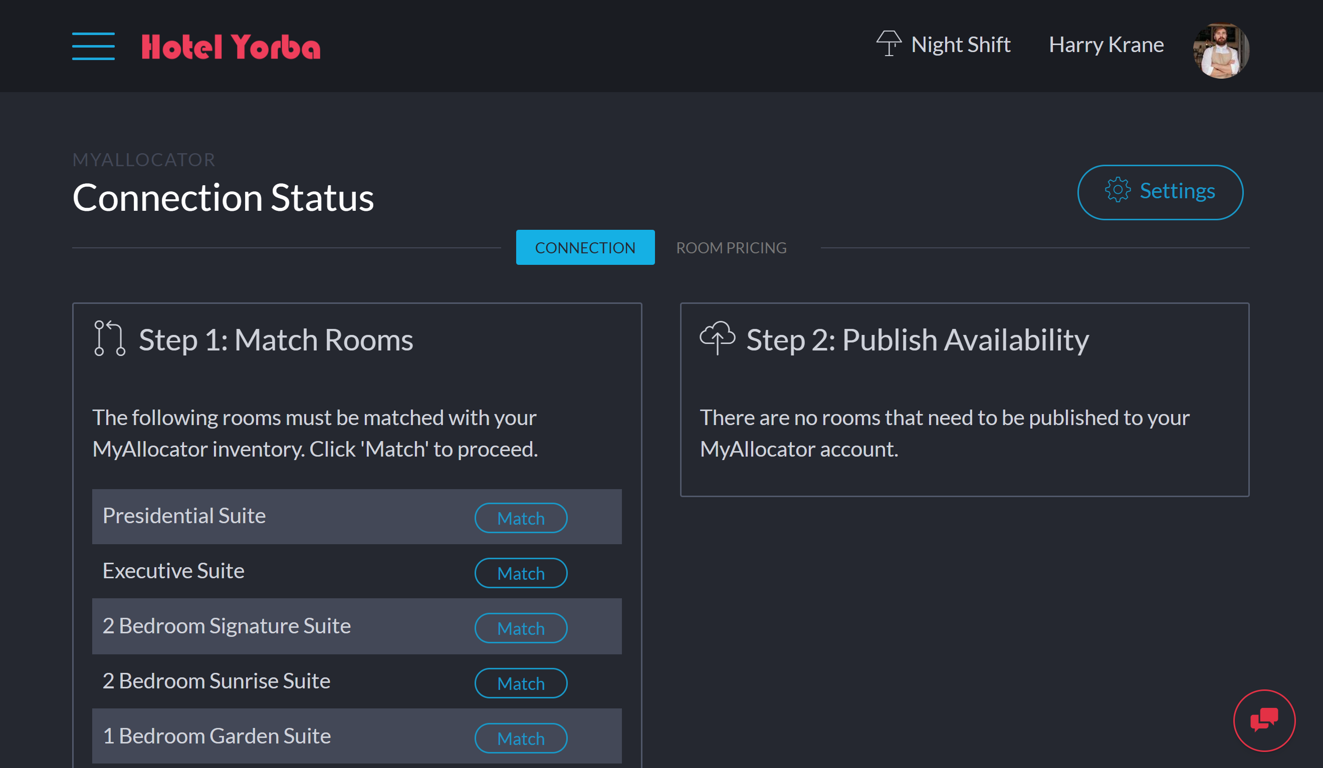 Go to ‘Channels > MyAllocator’ in the navigation menu. Enter your username and password used for your MyAllocator portal and click ‘Connect to MyAllocator’. In the next screen, select the property to match and re-enter your credentials for MyAllocator