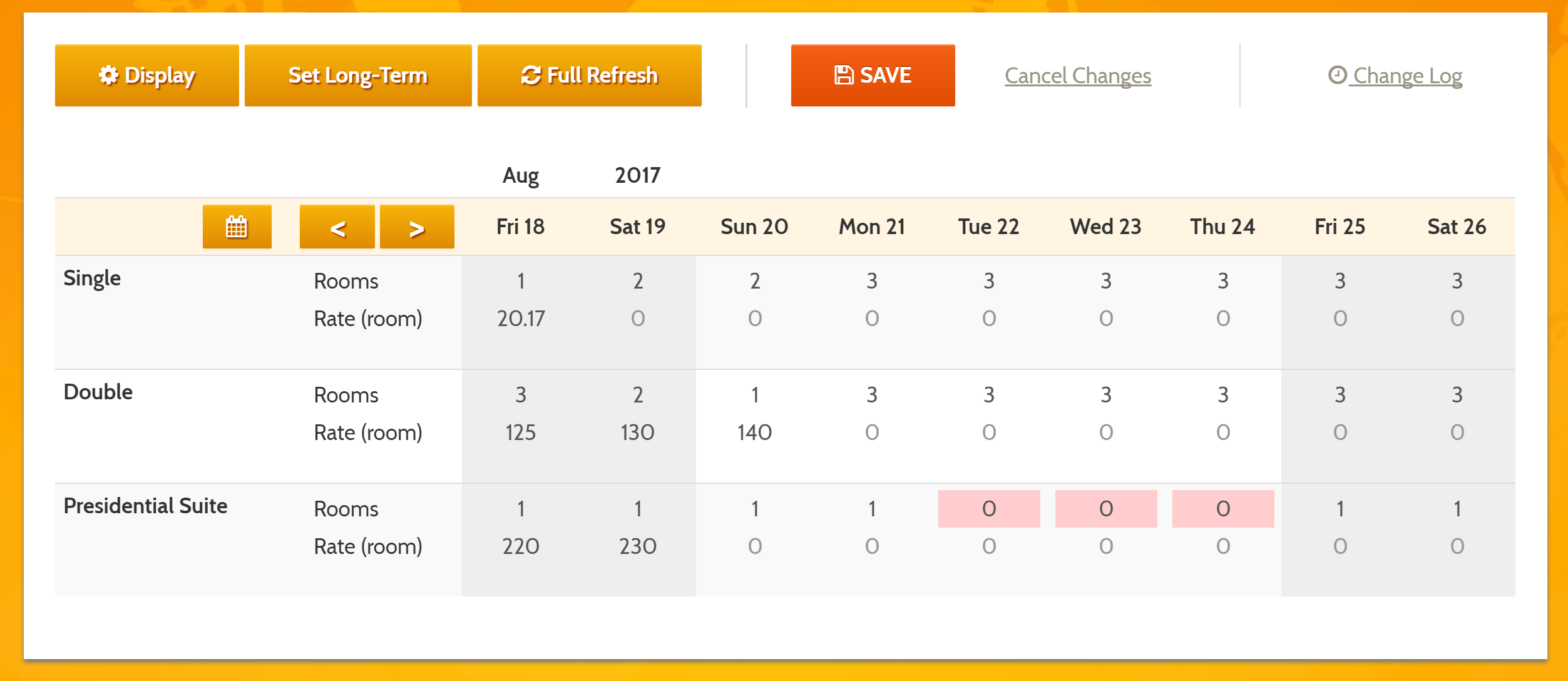 MyAllocator Calendar by Bellebnb.com calendar, with the BAR used in your Front Desk and Booking Engine along with the number of rooms available for each type for each date.
