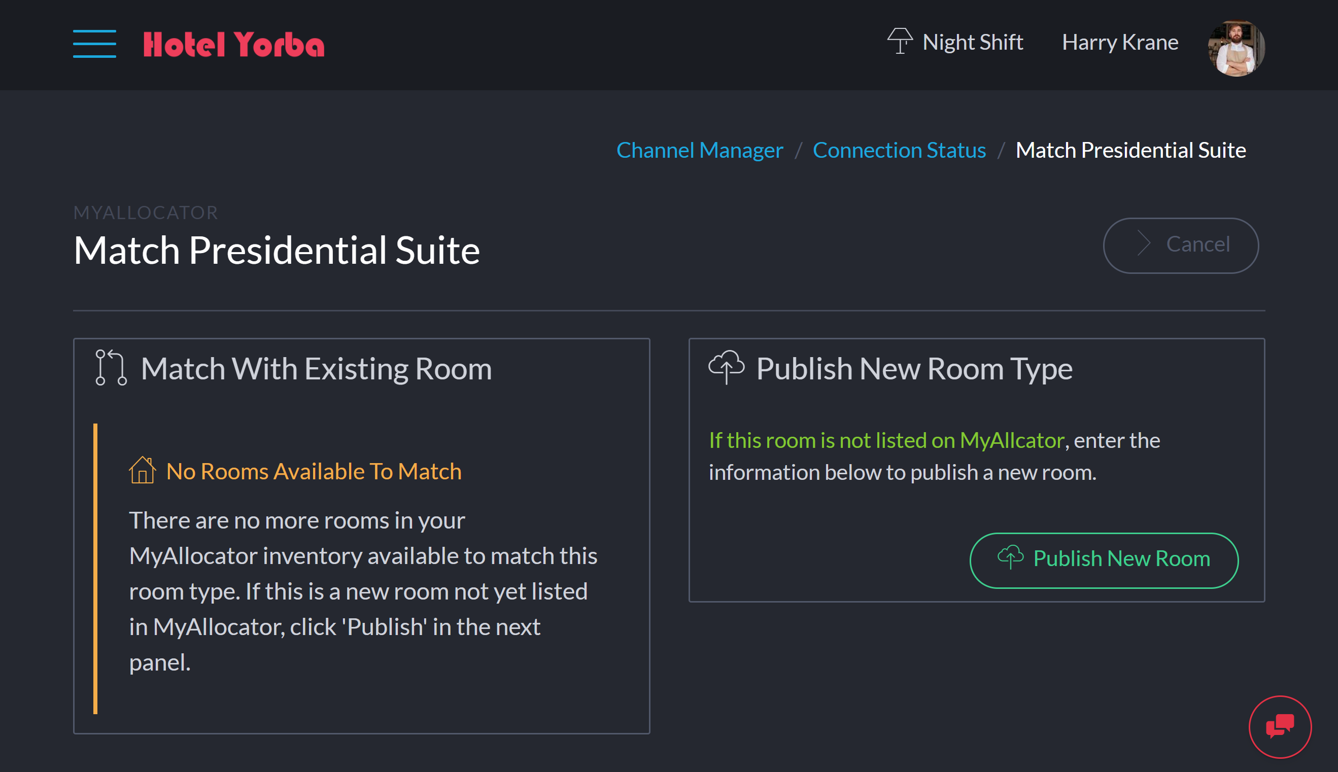 Click any room in the first column to match with an existing room in MyAllocator. If this room is not listed in your MyAllocator account, or if you’re new to MyAllocator, click ‘Publish New Room Type’