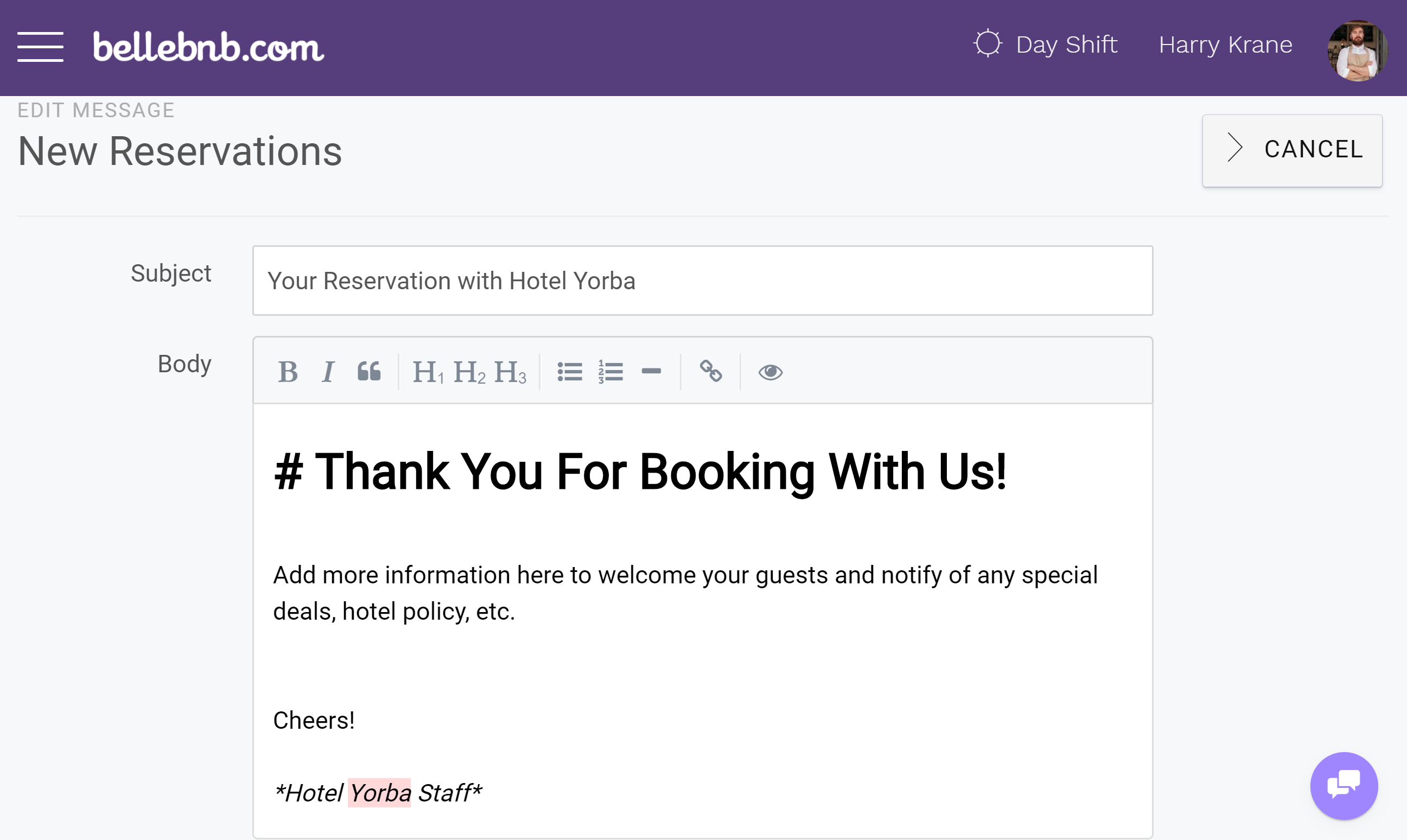 Hotel CRM Customer Relationship Management, Hotel Management HTML Emails You can now create custom emails for your daily hotel activities. You can create a custom message for new reservations, check-outs, and cancellations. Edit your messages in HTML to send out automatically as part of your bookings flow.