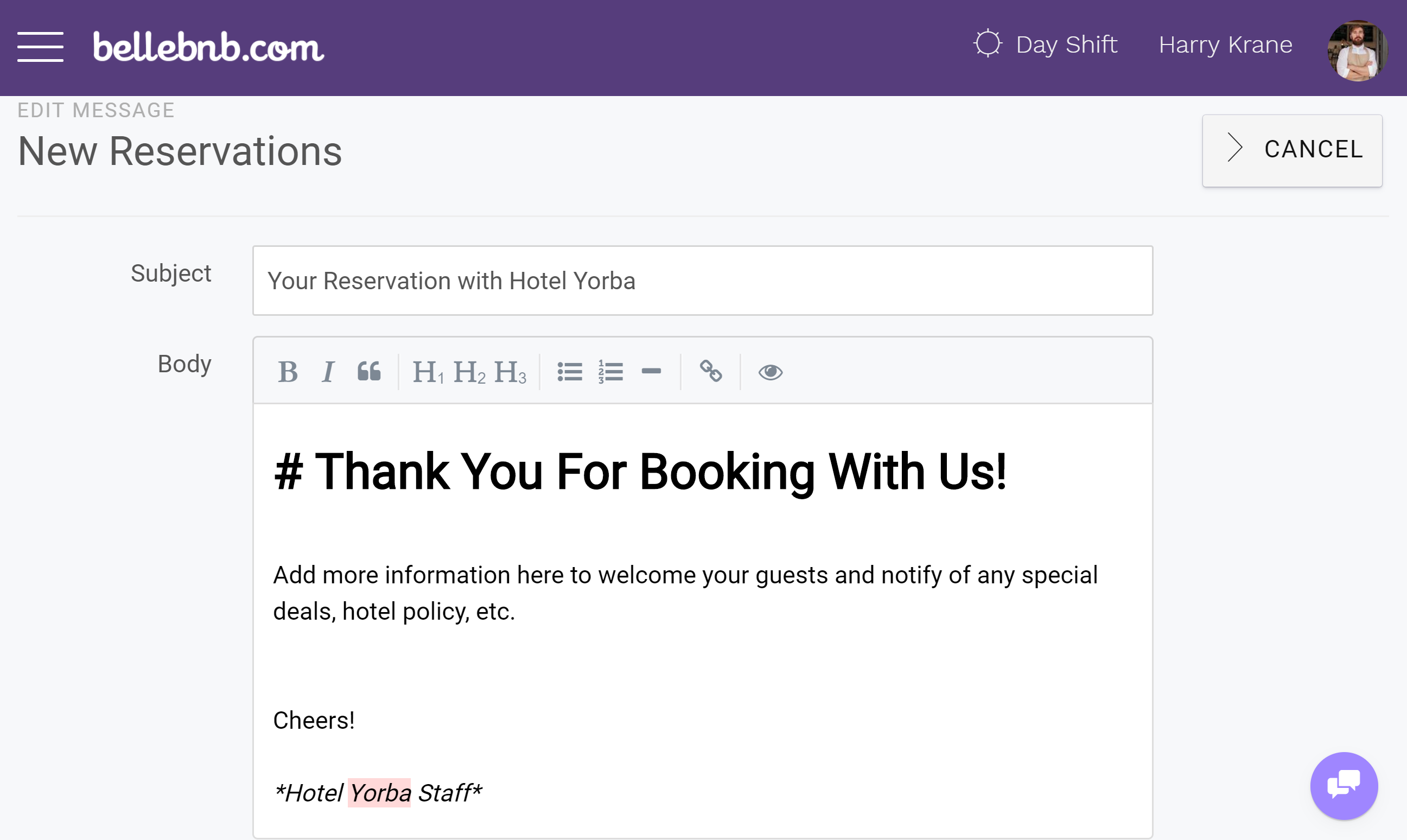 Hotel Management HTML Emails You can now create custom emails for your daily hotel activities. You can create a custom message for new reservations, check-outs, and cancellations. Edit your messages in HTML to send out automatically as part of your bookings flow.