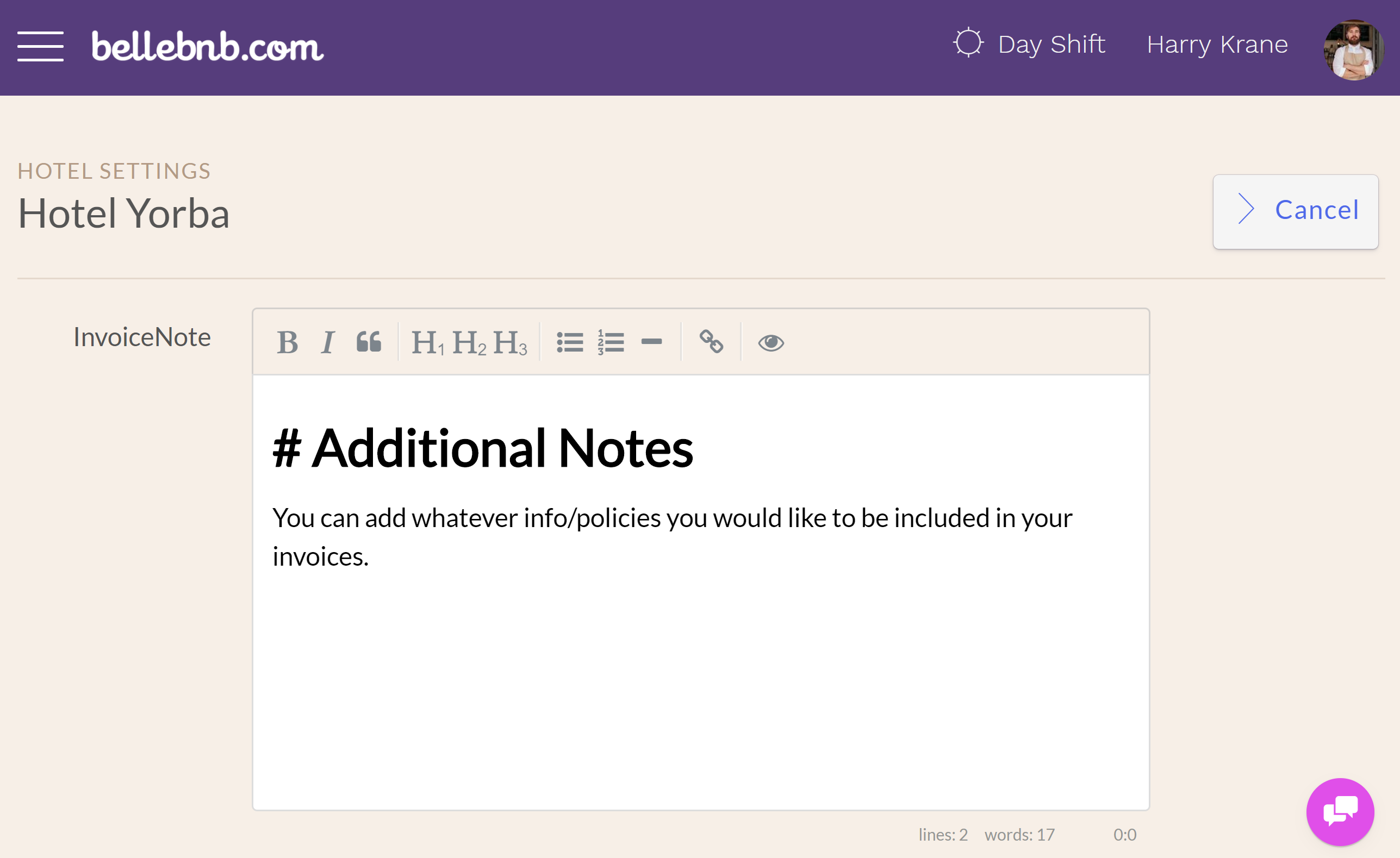Additional Hotel Notes: Go to 'Settings > Dashboard' and scroll down to the 'Additional Notes' panel.