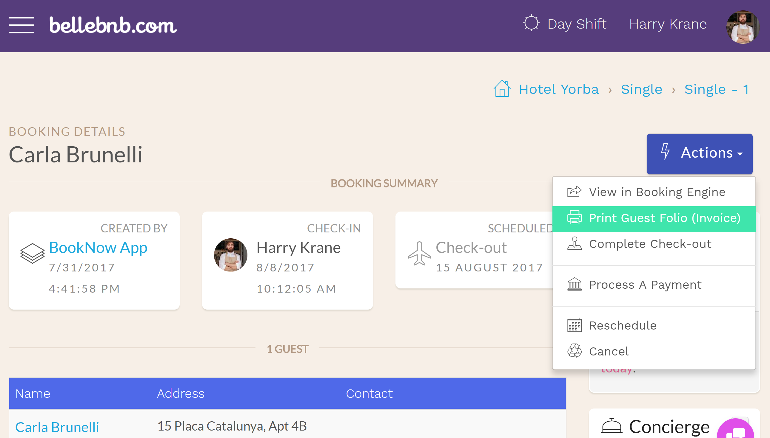 The printable invoice for a booking becomes available to the hotelier once the reservation has been checked in, or cancelled. After you have completed check-in, go to ‘Actions > Print Guest Folio (Invoice)’. Some hotels tend to use the term ‘Guest Folio’ while the reservation is active.