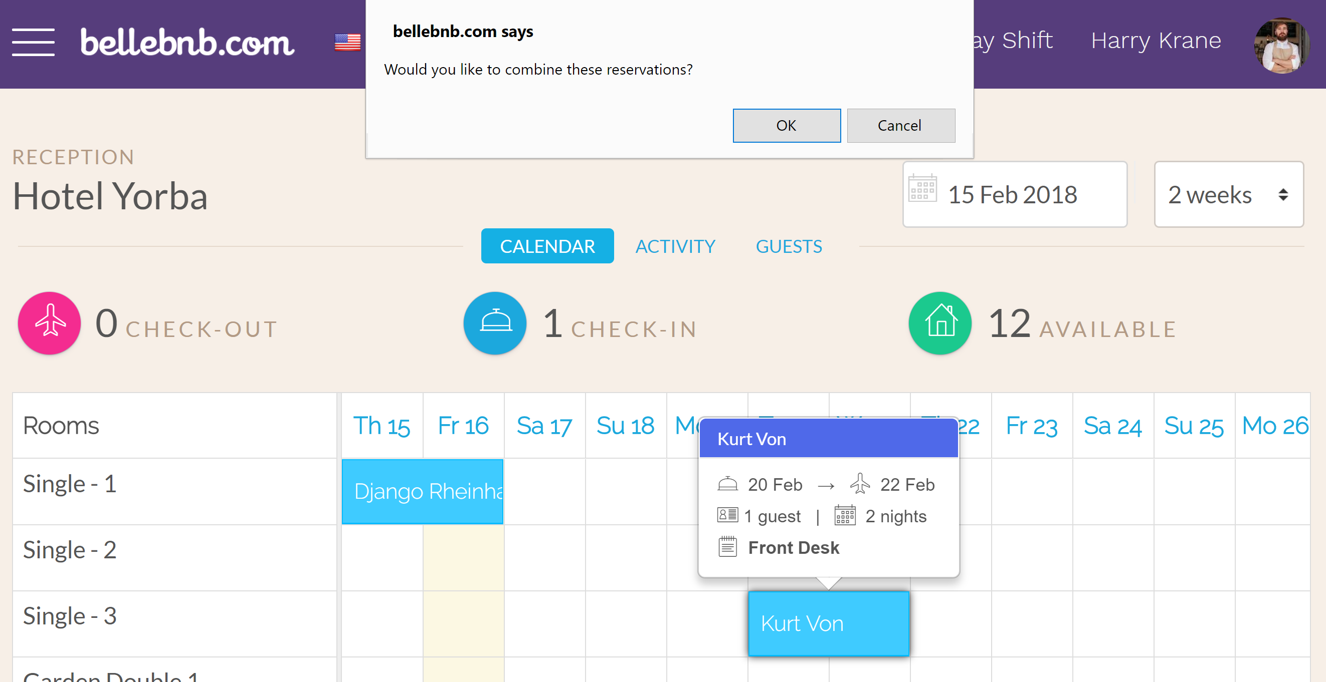 To add this room to the existing group, hold down the [SHIFT] key on your keyboard and click the existing reservation, then click the new reservation you just created. You can scroll up and down the calendar if you need to, just remember to hold down the [SHIFT] key when you make the next click. Hotel PMS Software