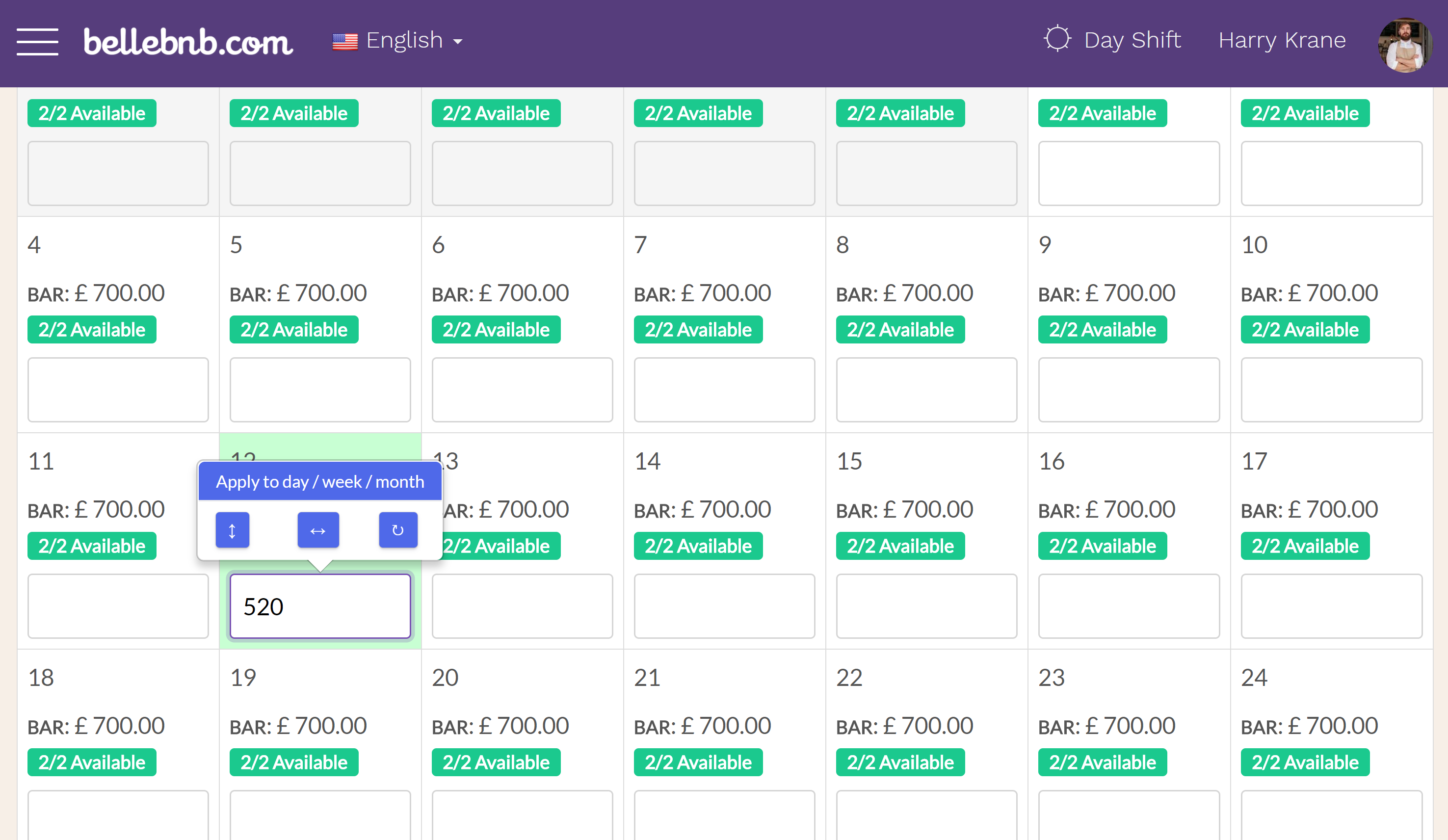 Hotel PMS Software Your room pricing calendar