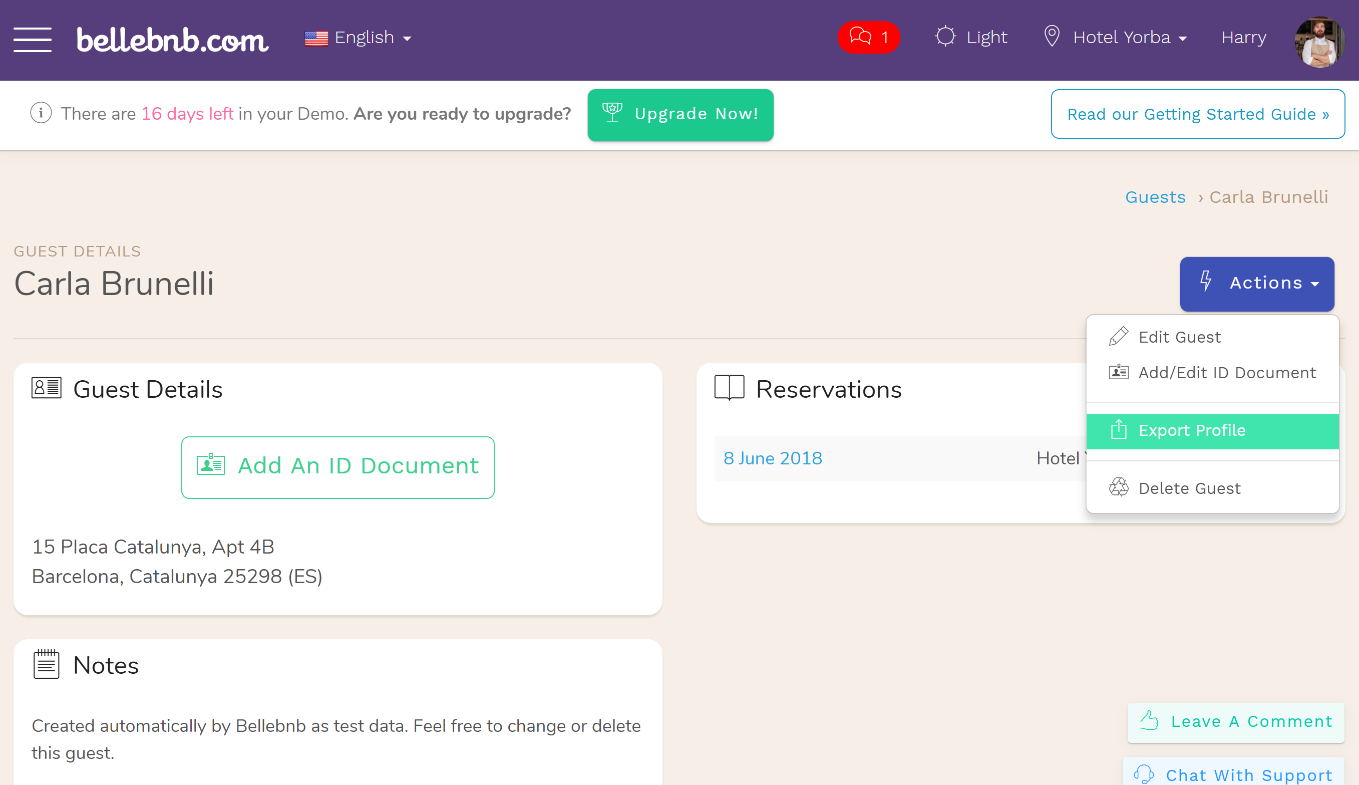 Hotel PMS Software. export all the hotel profile and reservation data related to this guest