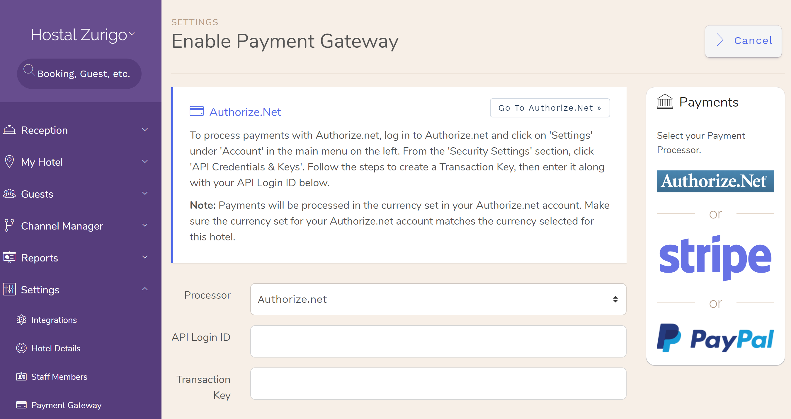 Authorize.net is now available as a Hotel payment processor. Hotel PMS Software