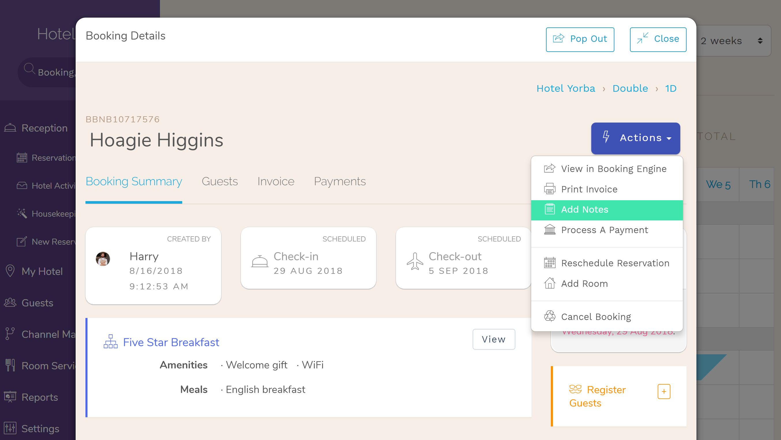 Hotel Booking notes are finally editable! If the booking already includes a note Hotel PMS Software