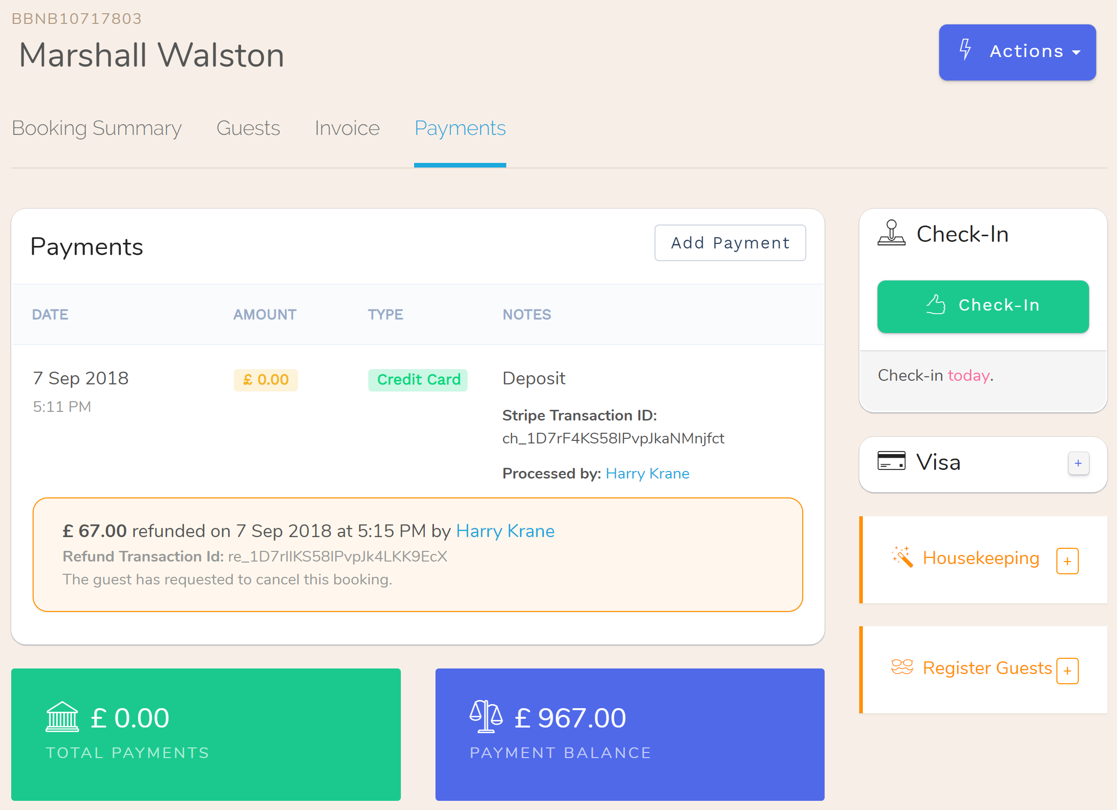 To refund a payment, go to the ‘Payments’ tab in the booking, the click the ellipsis to the right of the payment you wish to refund and select ‘Refund’. Enter a reason for the refund and then submit the form. The refund operation is irreversible, so be sure you really want to issue a refund.