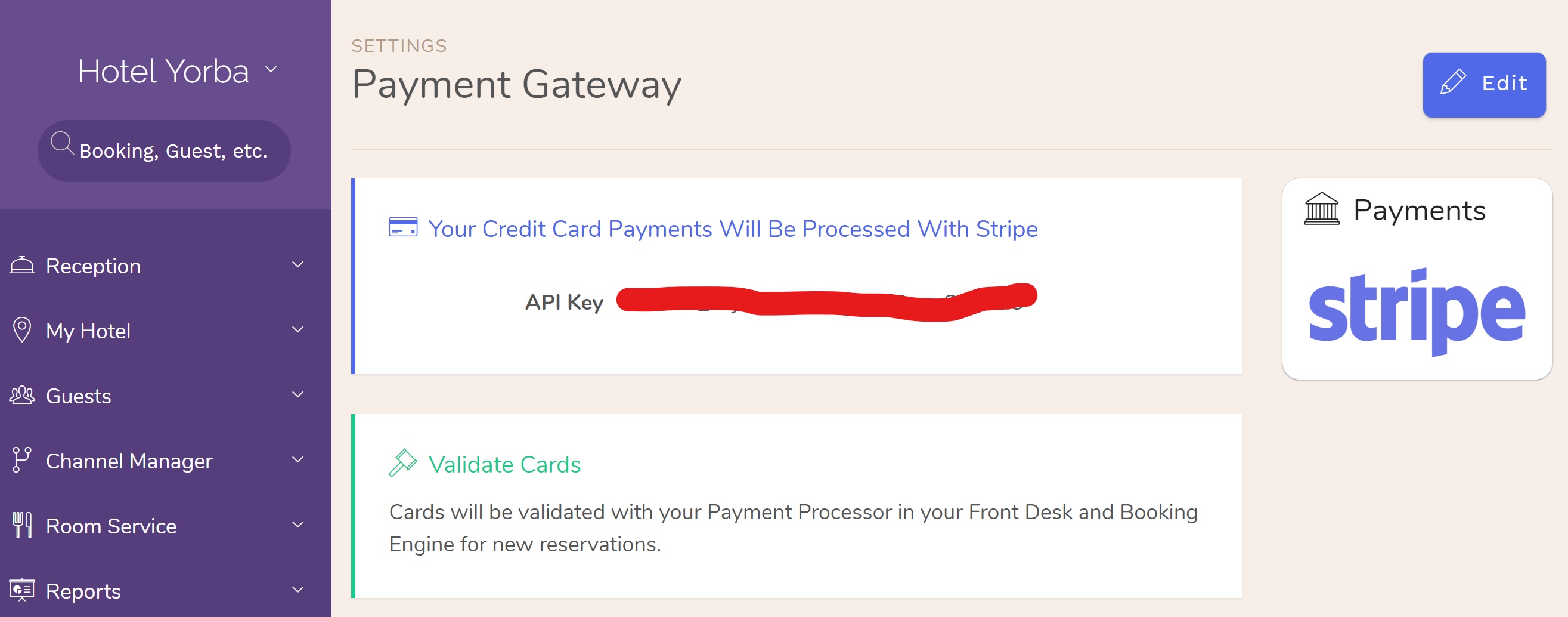 Bookings made in your Front Desk that include a credit card (optional) will be validated with your payment processor. If you have enabled credit cards in your Booking Engine (Channel Manager > Booking Engine > Settings > Edit) any bookings made through your Booking Engine will be validated with your payment processor | Hotel PMS Software, Bed & Breakfasts PMS Software