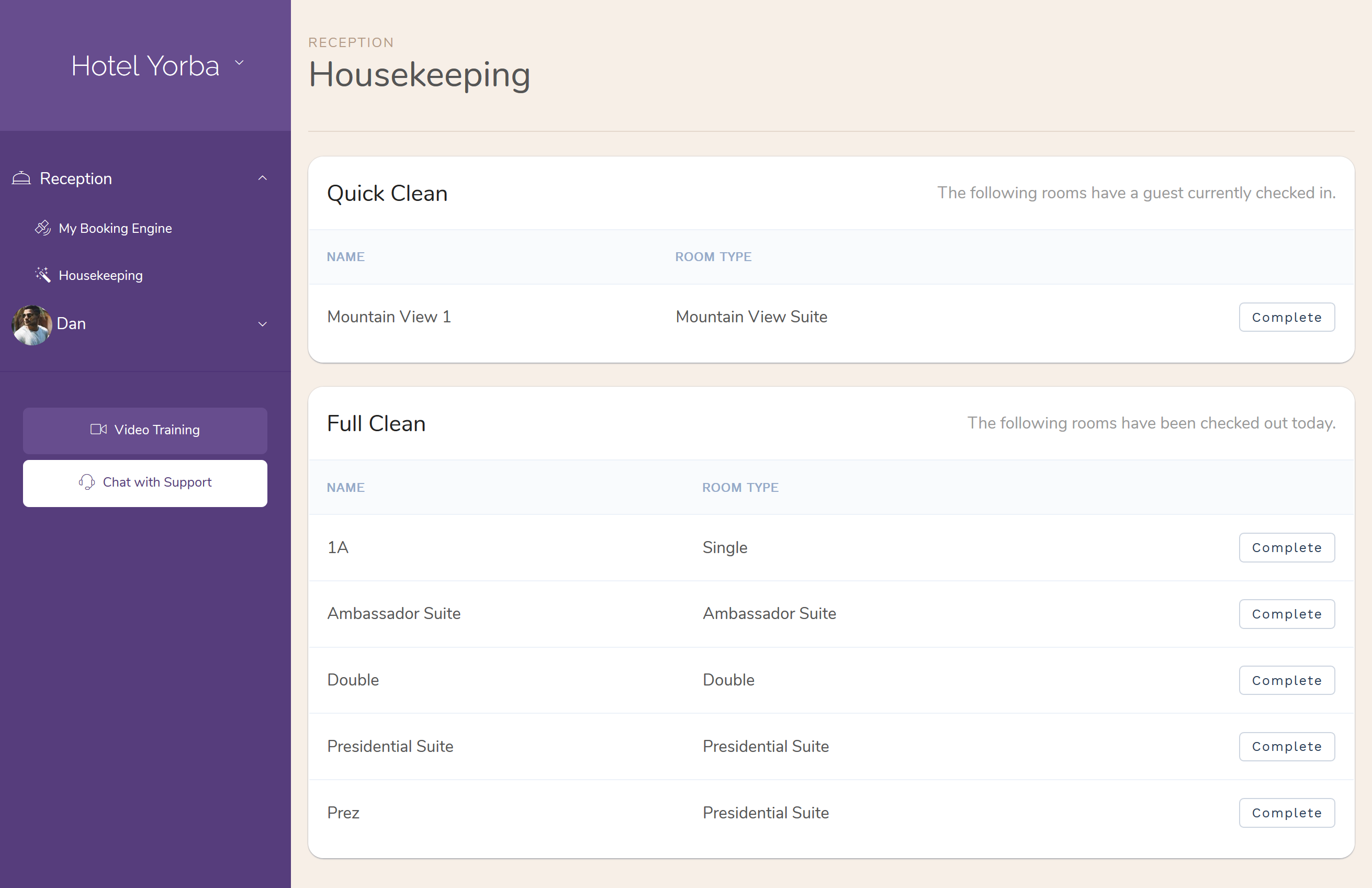 Hotel Housekeeping Users who are assigned only ‘Housekeeping’ access will see
                    only a limited portion of the Front Desk application that
                    they need to complete their task.