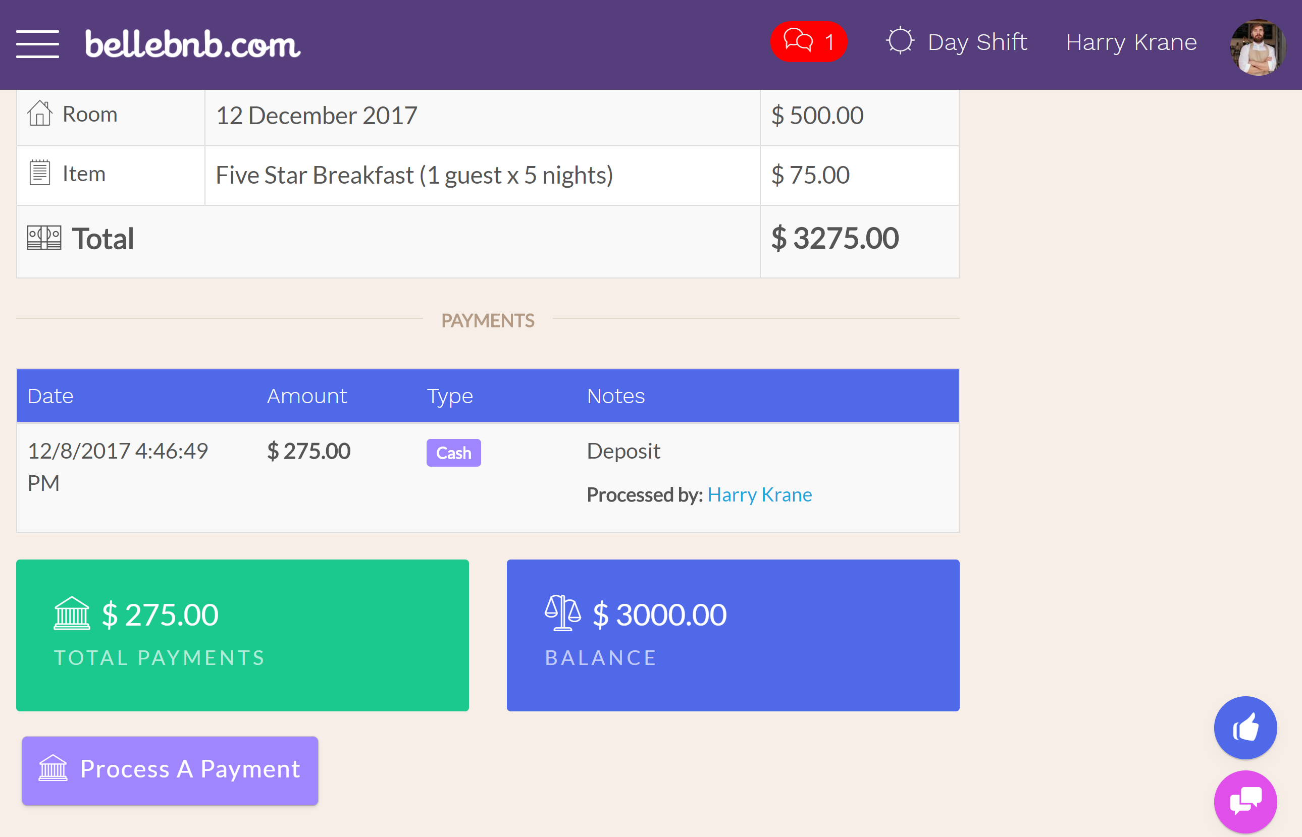 Before you check in this guest, let’s process a payment. Click ‘Actions > Process a Payment,’ then enter an amount for a deposit (no more than the total) and click to process the payment.