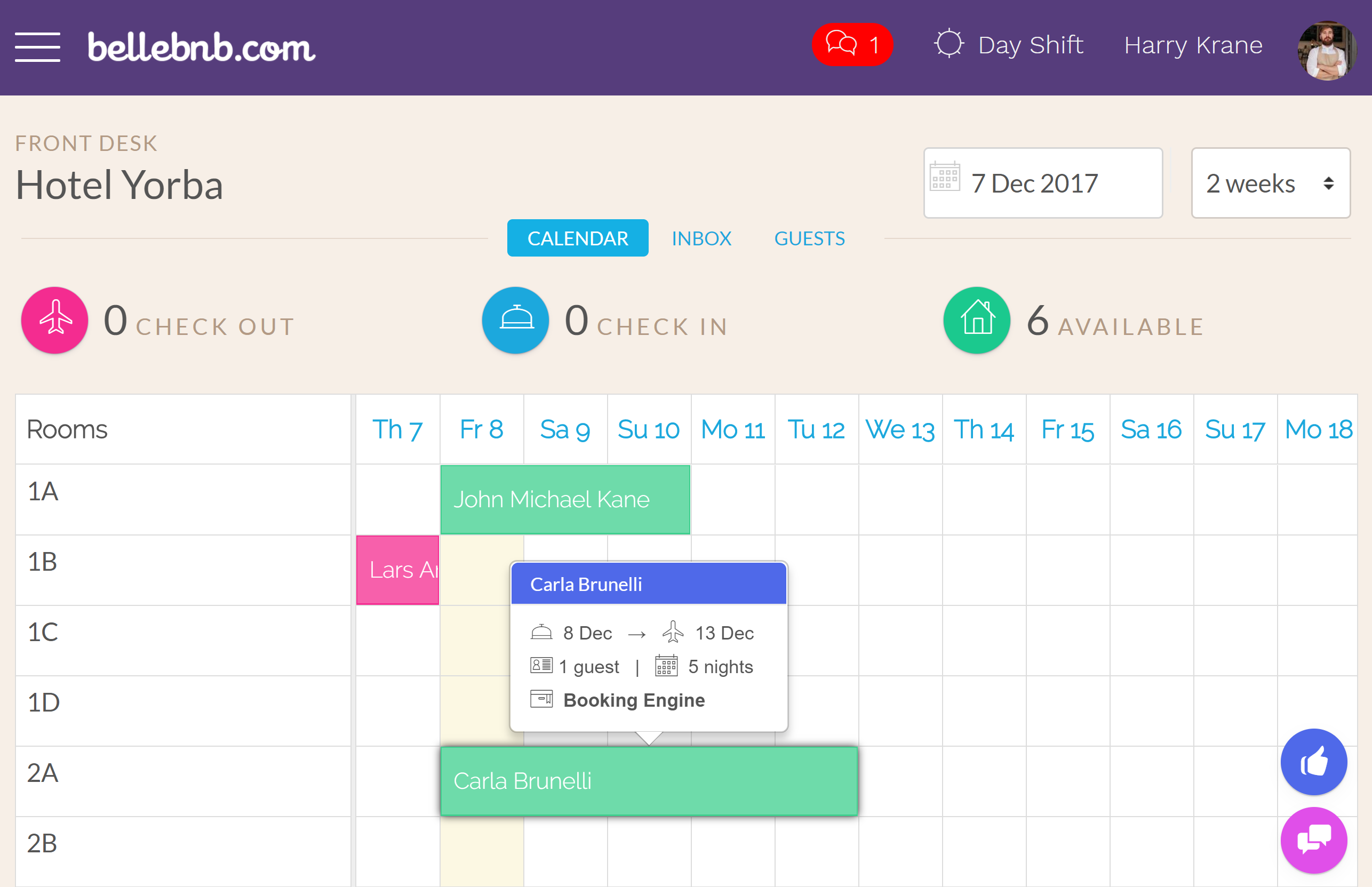  Next, click ‘Check-in’ (or ‘Actions > Check In’) to complete check-in. You will see the reservation has turned green in your calendar to indicate it has been checked in, and it’s no longer listed as ‘Check-in Today’ in your Inbox