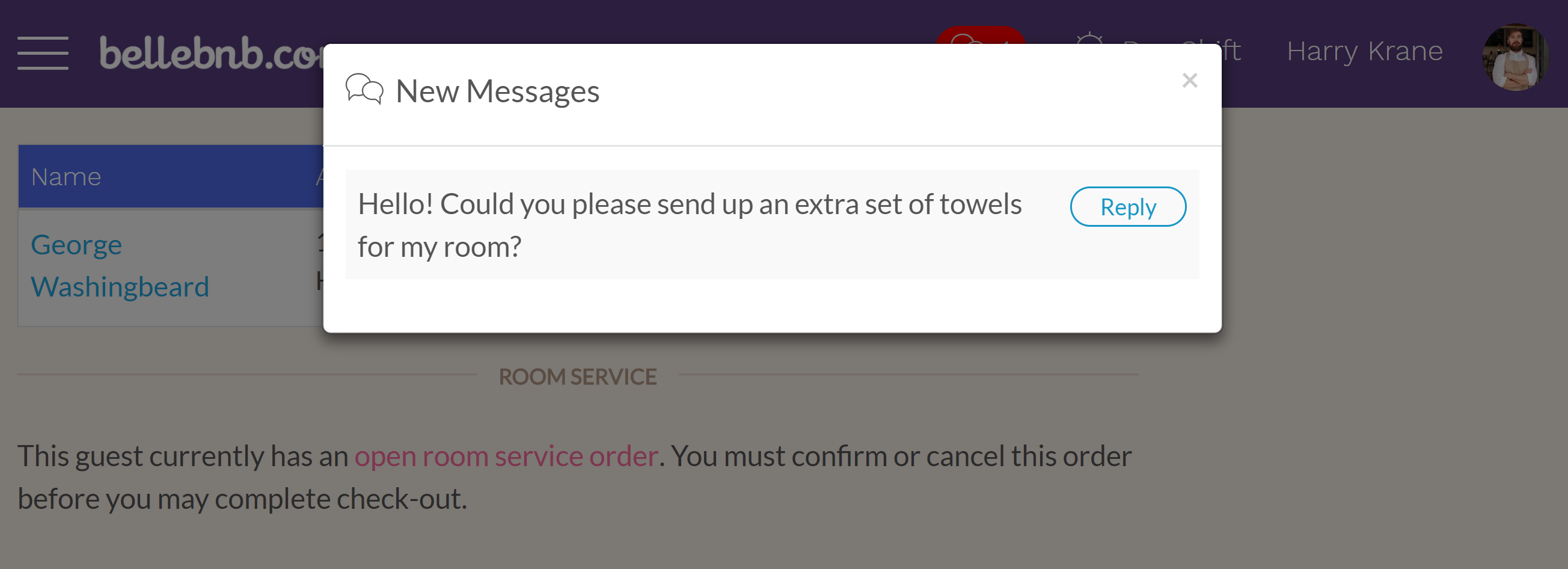 Next, go back to the invoice in your booking engine and click to view instant messages, then enter a new message for the Front Desk (click ‘Send’). Go back to the Front Desk manager and wait a minute until you see the ‘New Message’ indicator in the navigation bar. 