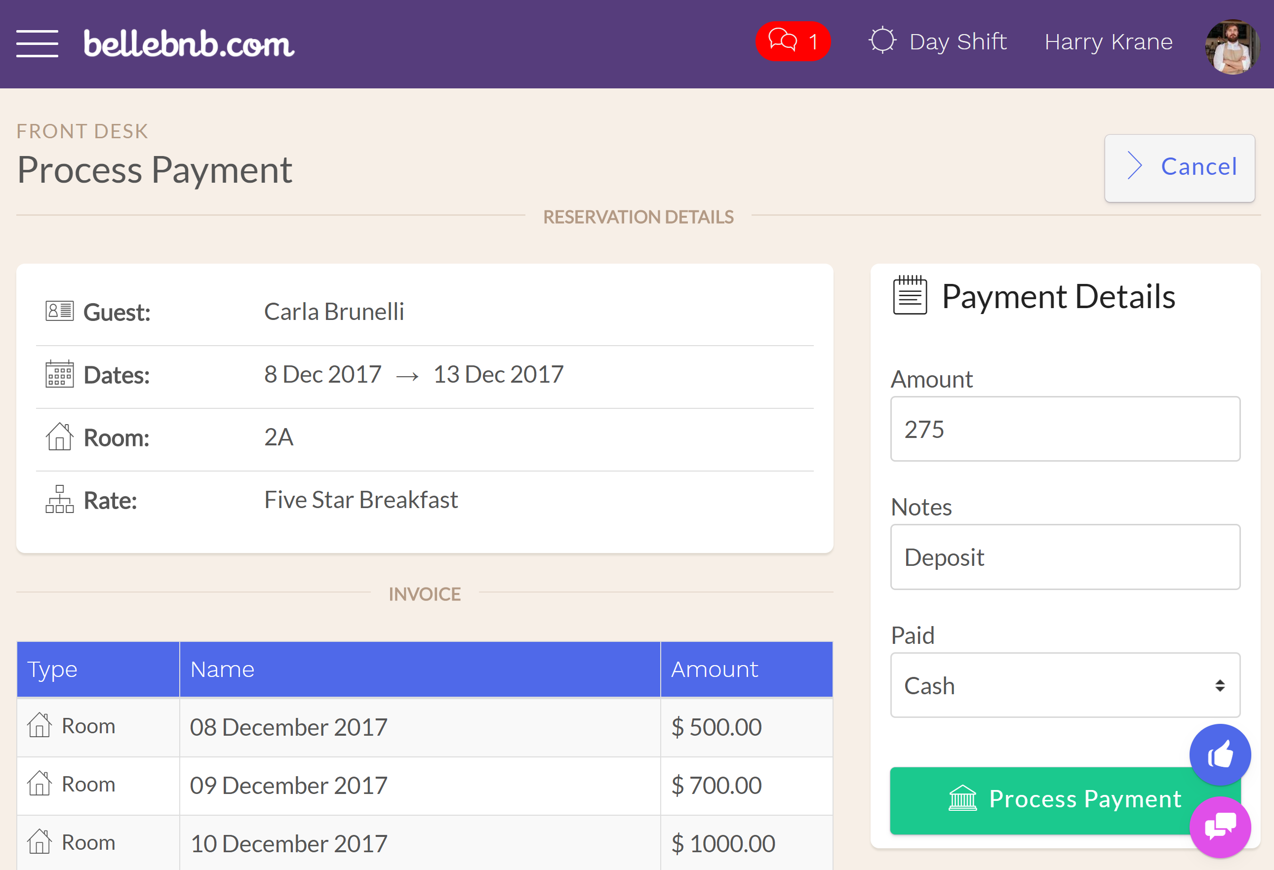 Before you check in this guest, let’s process a payment. Click ‘Actions > Process a Payment,’ then enter an amount for a deposit (no more than the total) and click to process the payment. Before you check in this guest, let’s process a payment. Click ‘Actions > Process a Payment,’ then enter an amount for a deposit (no more than the total) and click to process the payment.