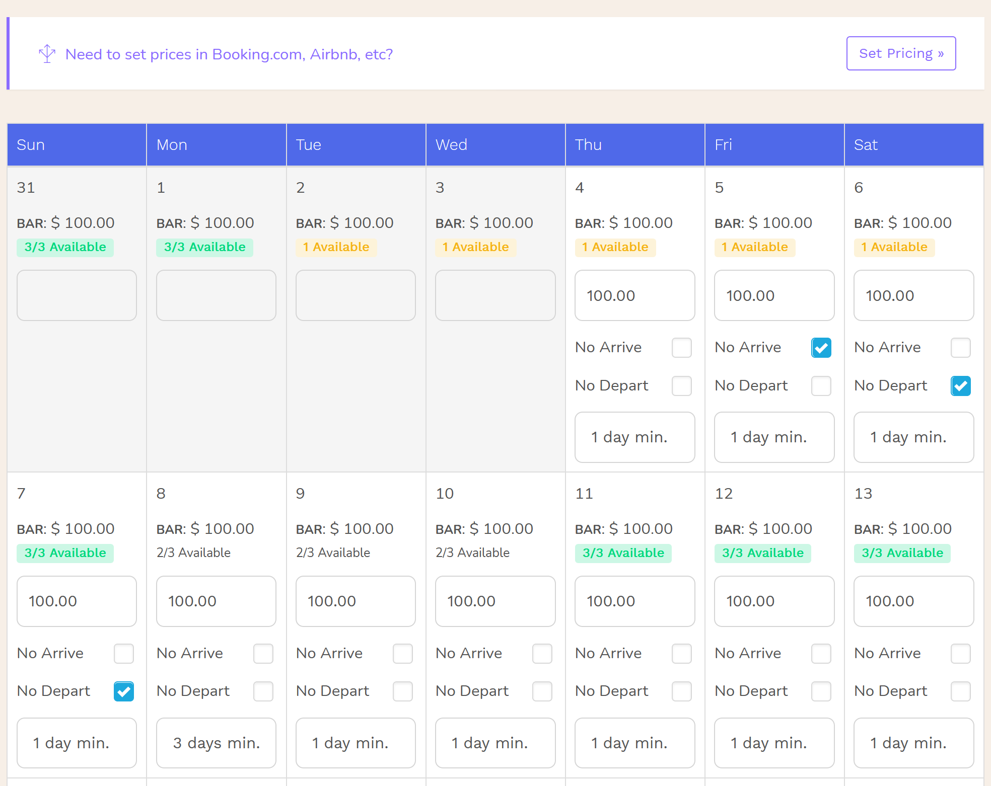 Hotel PMS Software Calendar Closed to Arrival/Departure and Minimum Stay