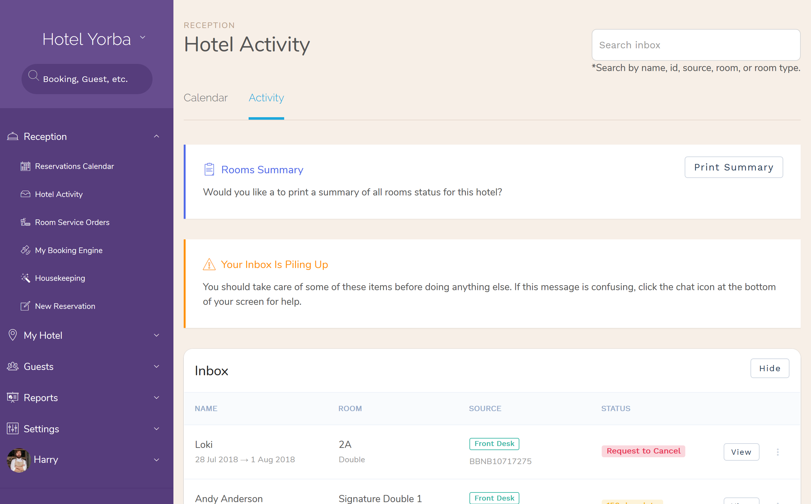 Rooms Blocks Activity for Hotel PMS Software