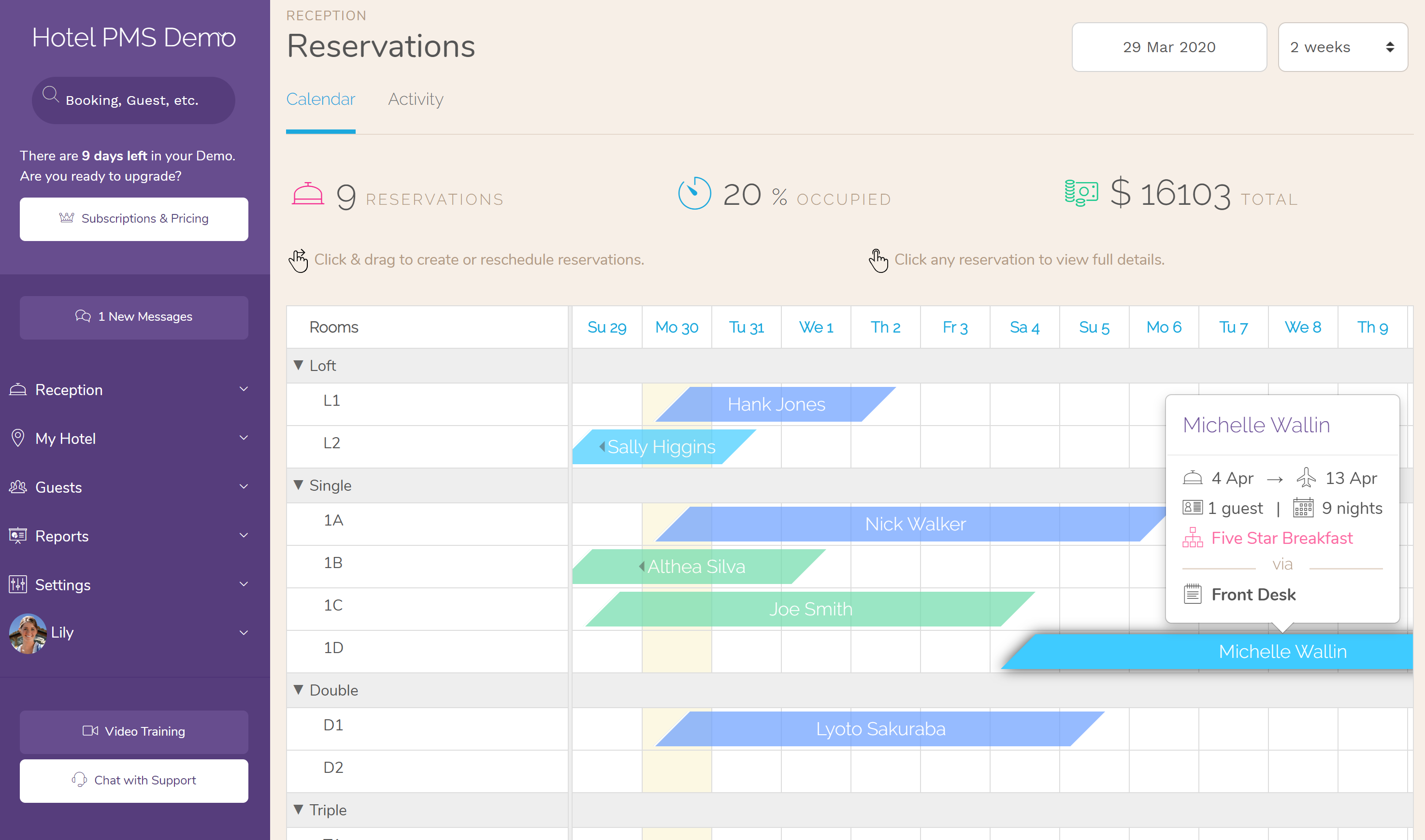 Hotel PMS Overlapping Bookings Protection in Front Desk Reservations Calendar.