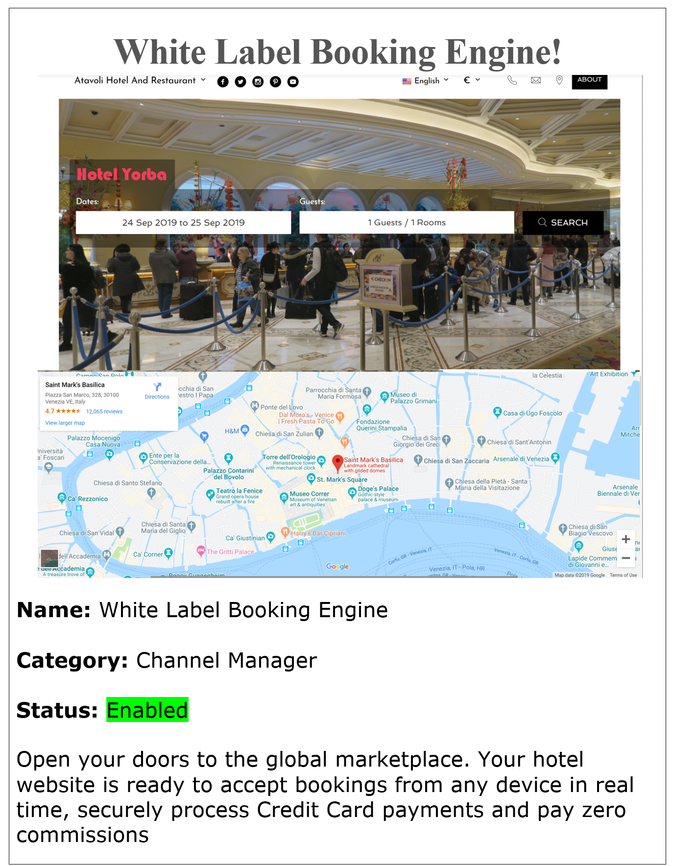 White Label Hotel Booking Engine
        Open your doors to the global marketplace. Your hotel website is ready to accept bookings from any device in real time, securely process Credit Card payments and pay zero commissions