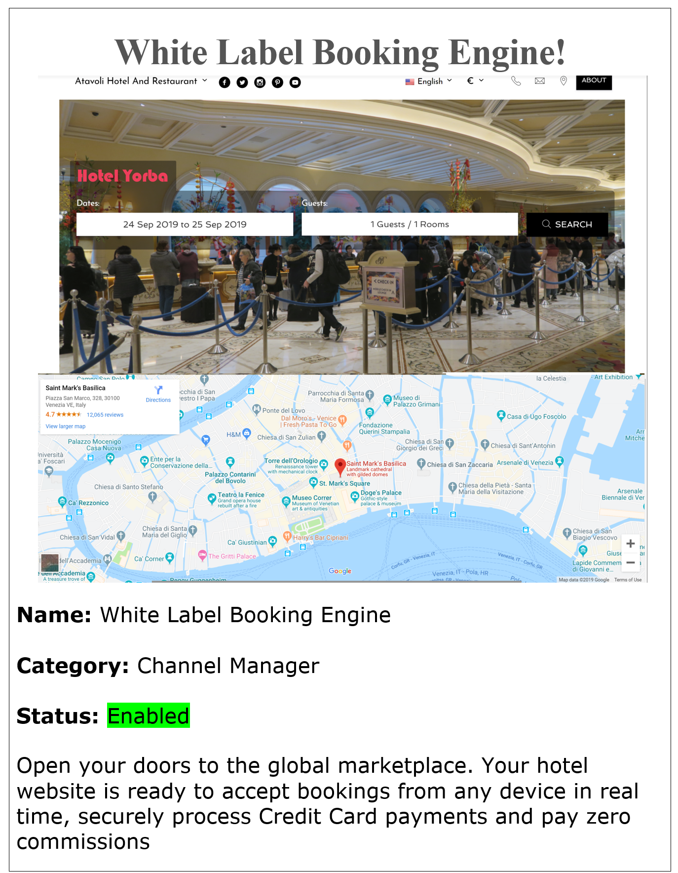 White Label Hotel Booking Engine
        Open your doors to the global marketplace. Your hotel website is ready to accept bookings from any device in real time, securely process Credit Card payments and pay zero commissions