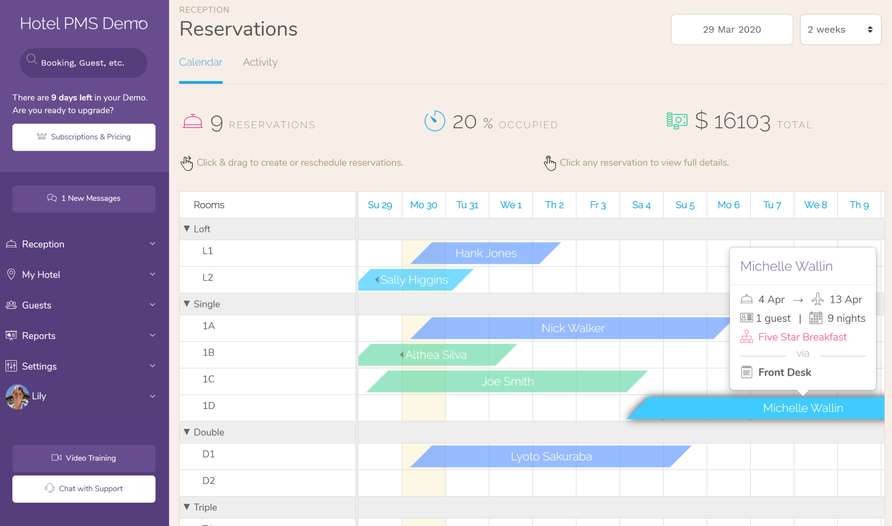 Hotel Room Reservation Calendar.